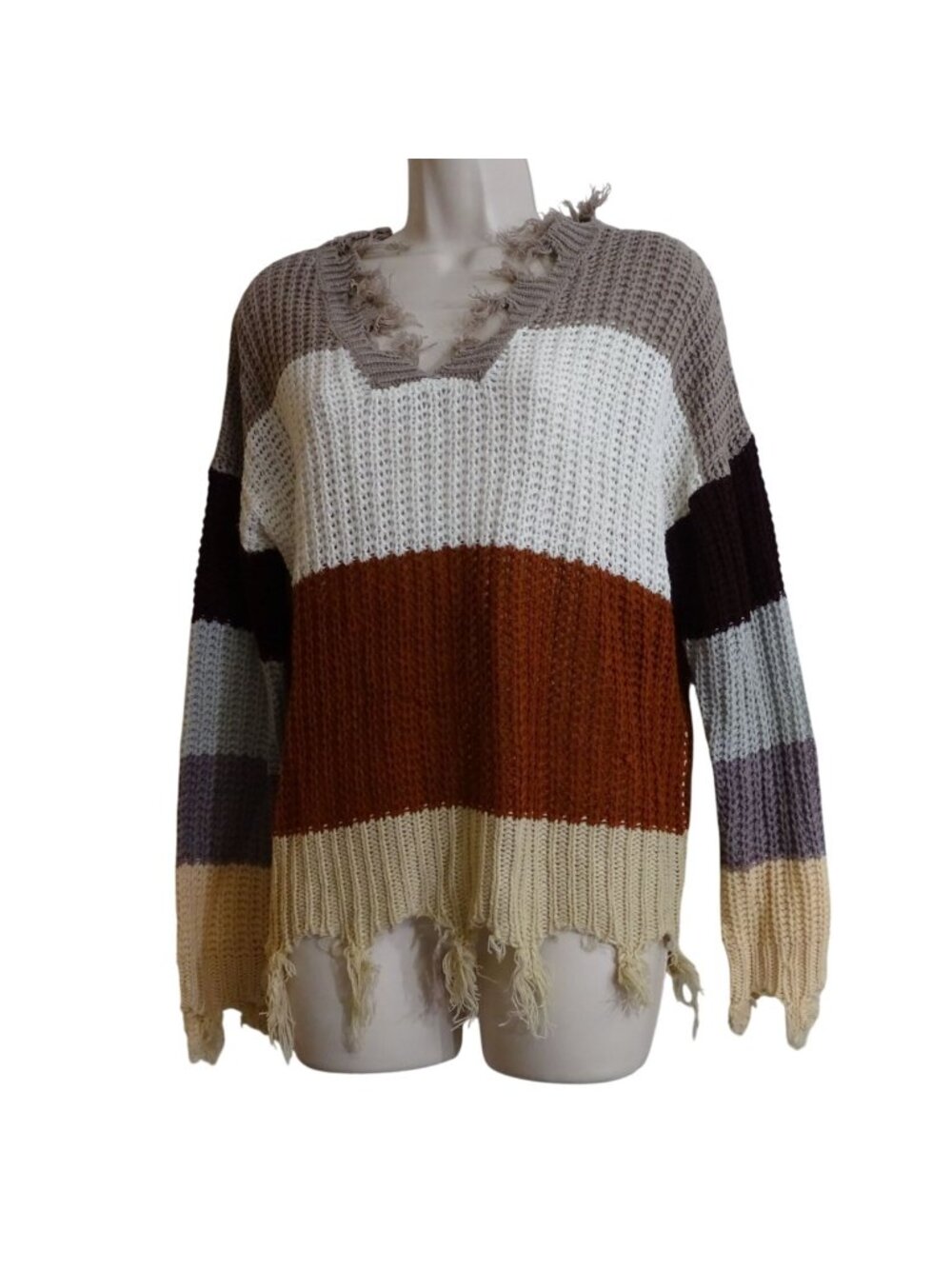 Runway 7 Striped Knit Sweater Brown Tan Frayed Hem V-Neck Women Size M Acrylic